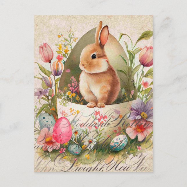 Vintages Floral Antikes Osterkaninchen Postkarte (Vorderseite)