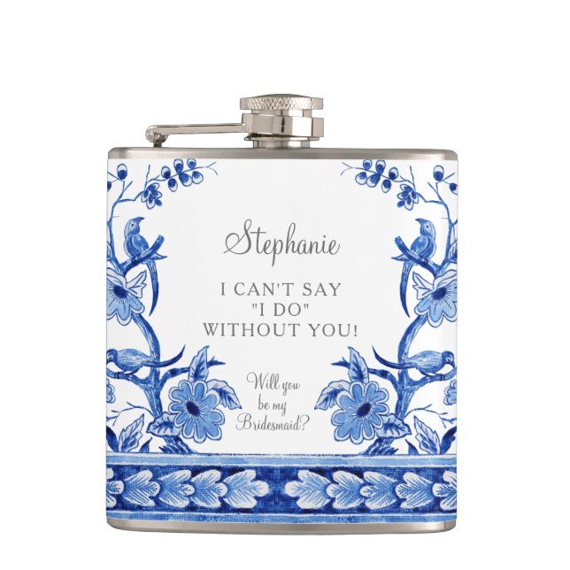 Vintages Floral Blue Chinoiserie Flachmann (Vorderseite)