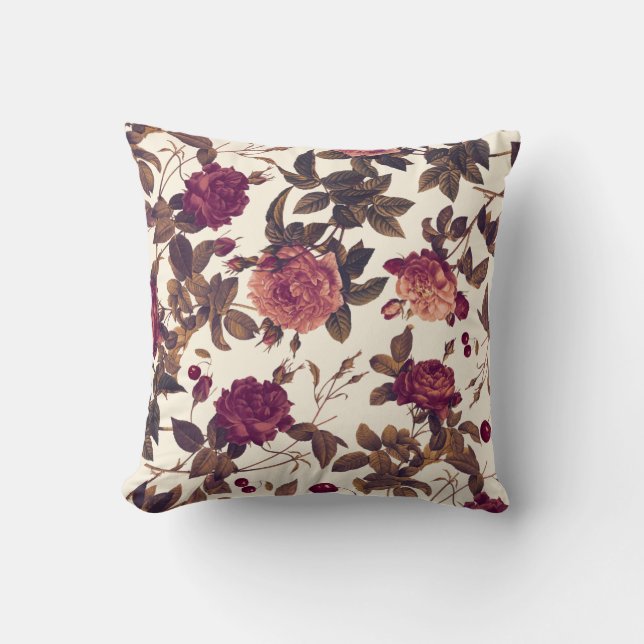 Vintages floral Burgundy Rose Cherry Throw Kissen (Vorderseite)
