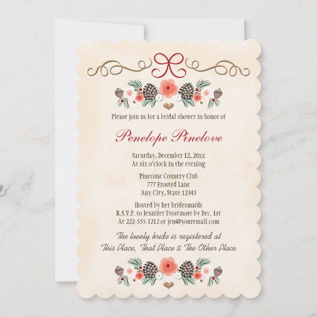 Vintages Floral Pinecone Brautparty Einladung (Vorderseite)