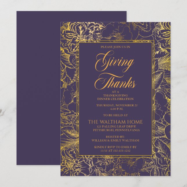 Vintages florales Eggplant Gold Erntedank Dinner Einladung (Vorne/Hinten)
