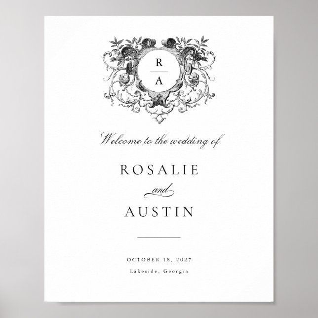 Vintages florales Elegantes Wappen Hochzeit Begrüß Poster (Vorne)
