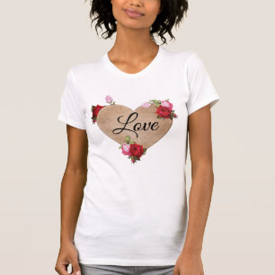 Vintages florales hellbraunes Herz mit Rose T-Shirt