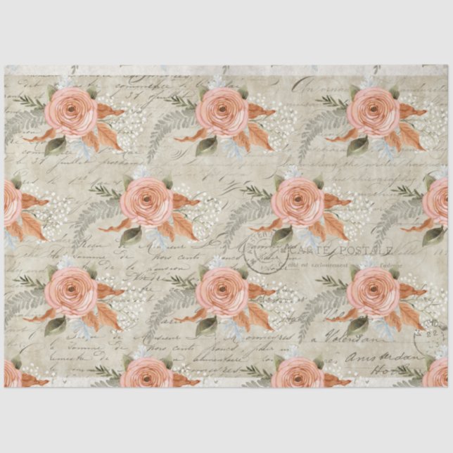 Vintages florales Peach Script Ephemera Decoupage Seidenpapier (Vorderseite)