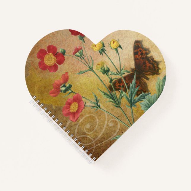 Vintages, florales Schmetterlingsherz geformt Notizbuch (Vorderseite)