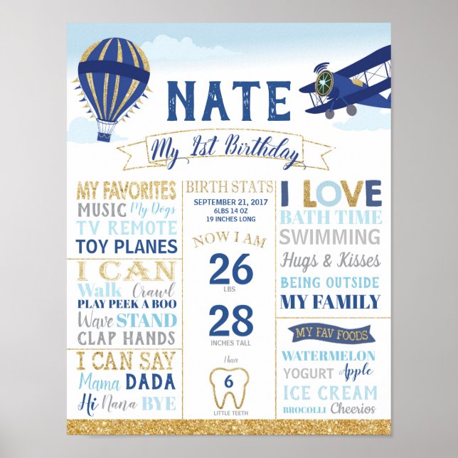 Vintages Flugzeug 1 Geburtstag Meilensteine Unters Poster (Vorne)