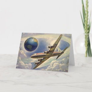 Vintages Flugzeug, das in Wolken um die Welt flieg Karte