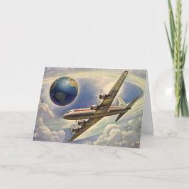 Vintages Flugzeug, das in Wolken um die Welt flieg Karte
