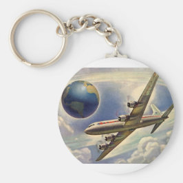 Vintages Flugzeug, das in Wolken um die Welt flieg Schlüsselanhänger