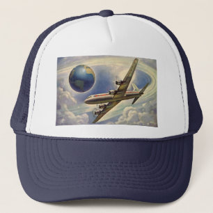 Vintages Flugzeug, das in Wolken um die Welt flieg Truckerkappe