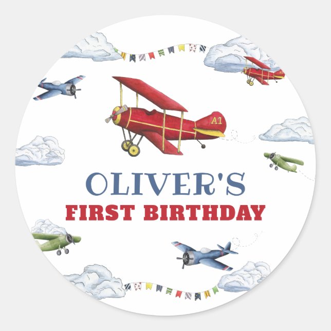 Vintages Flugzeug Erstgeburtstag Sticker (Vorderseite)