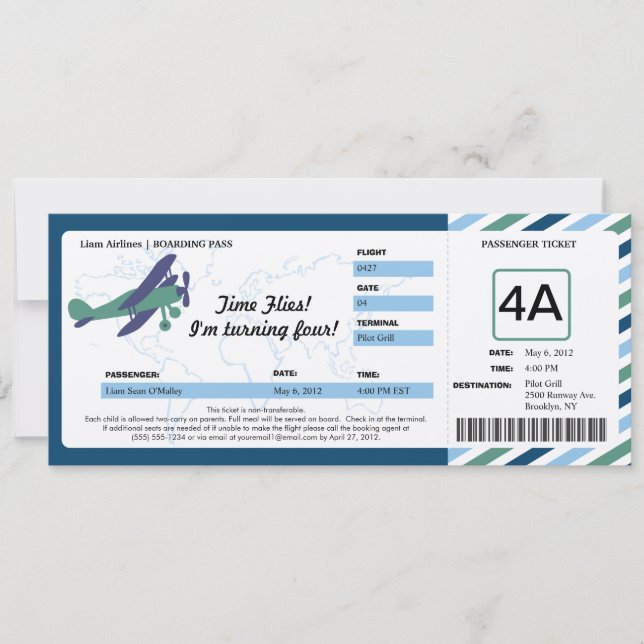 Vintages Flugzeug Geburtstag Boarding Ticket Einladung (Vorderseite)