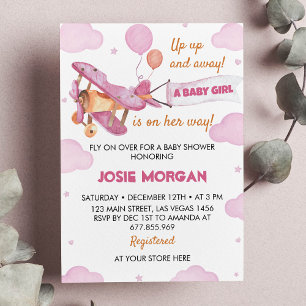 Vintages Flugzeug - Rosa Girl Babydusche Einladung
