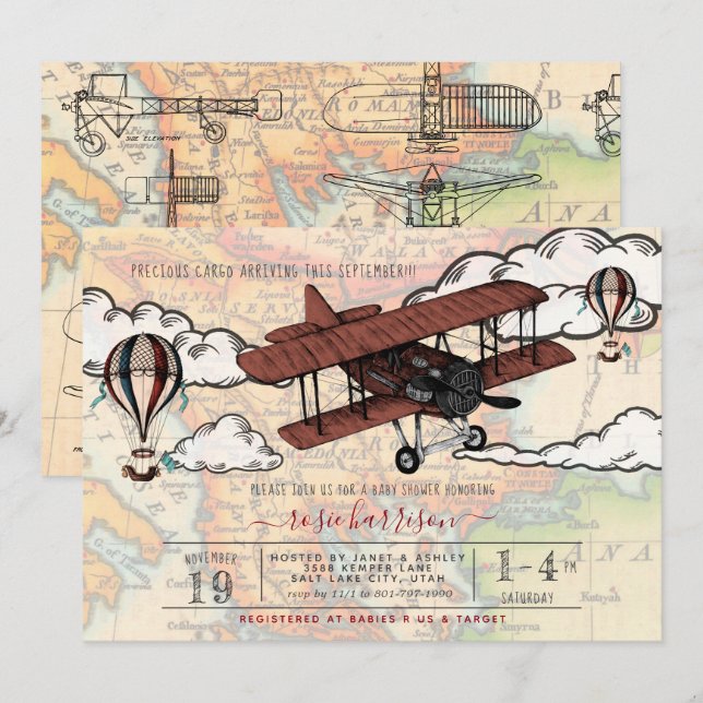 Vintages Flugzeug | Travel Baby Dusche Einladung (Vorne/Hinten)