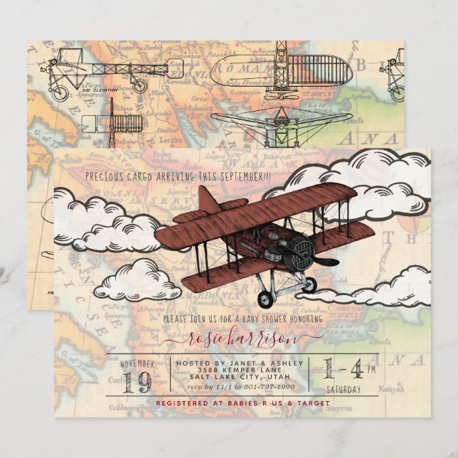 Vintages Flugzeug | Travel Baby Dusche Einladung (Vorne/Hinten)