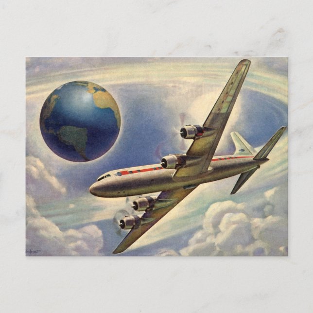 Vintages Flugzeug um die Erde, Adressenänderung Ankündigungspostkarte (Vorderseite)