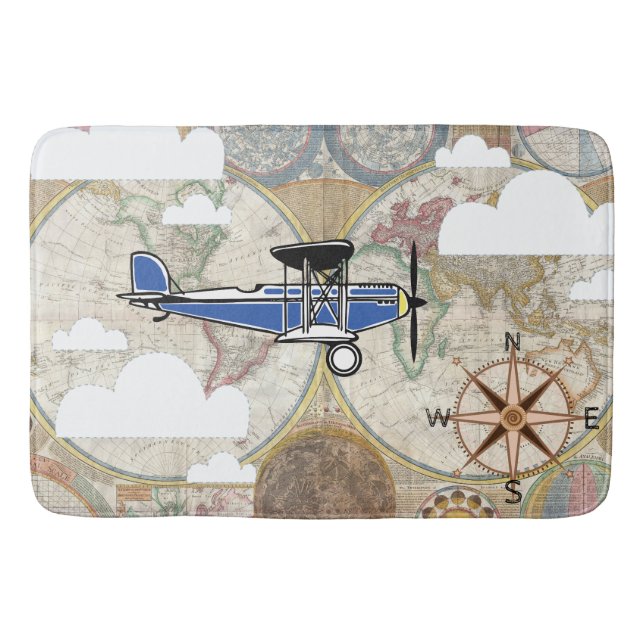 Vintages Flugzeug und Weltkarte Badematte (Vorderseite)