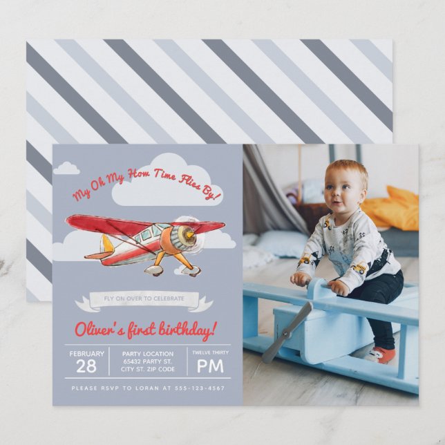 Vintages Flugzeug zum Geburtstag, Foto Einladung (Vorne/Hinten)