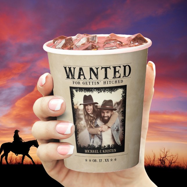 Vintages Foto Gewollt Poster-Hochzeit Pappbecher (Vintage Photo Wanted Poster Wedding Paper Cups)