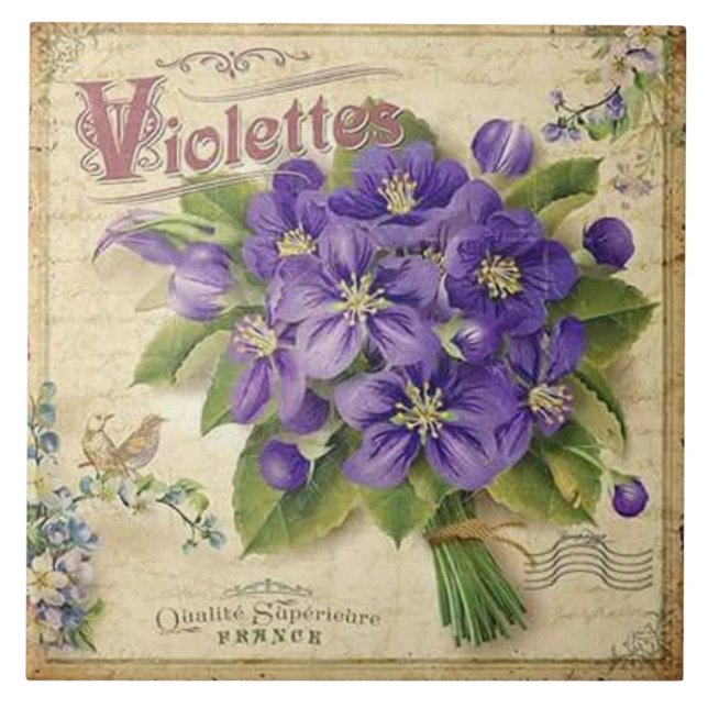 Vintages Frankreich Veilchen Wohngestaltung Fliese (Vorderseite)