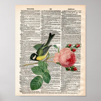 Vintages Französisch-Rose- und Vogelwörterbuch Poster