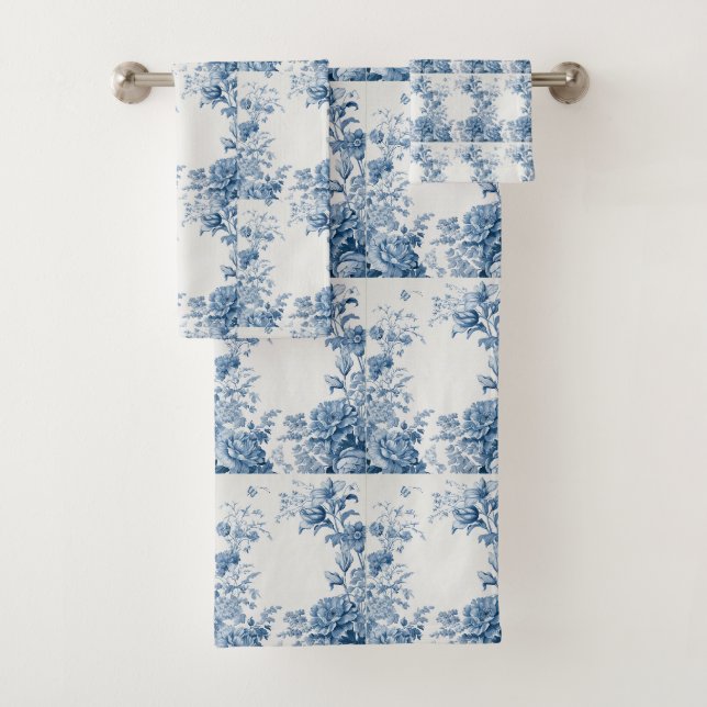 Vintages Französisches Blumentoilblau Badhandtuch Set (Insitu)
