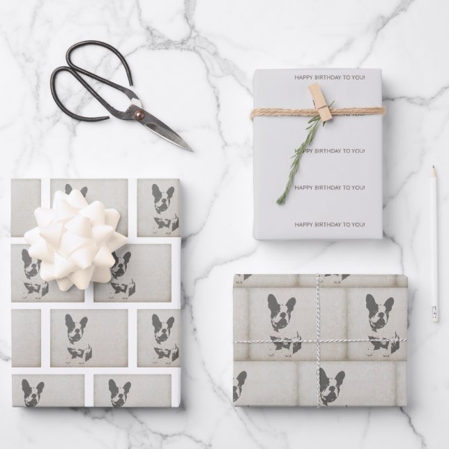 Vintages französisches Bulldog-Birthday-Wrapping-P Geschenkpapier Set (Vorderseite)