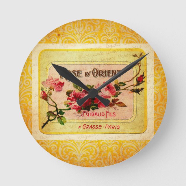 Vintages Französisches Parfüm-Label Runde Wanduhr (Vorderseite)
