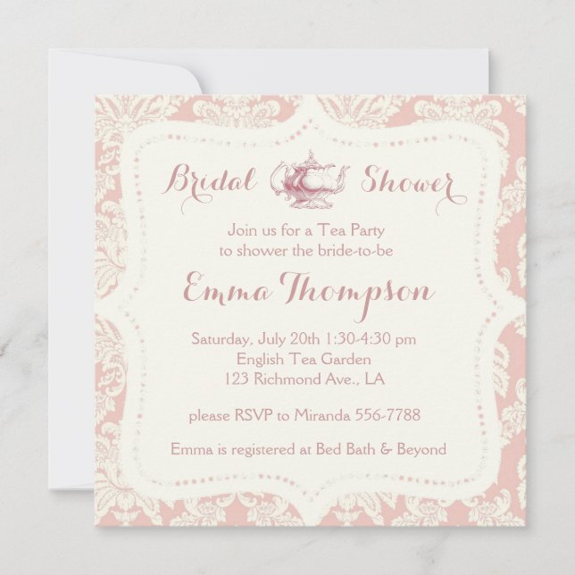 Vintages französisches Pink+Cream Damask Bridal Te Einladung (Vorderseite)