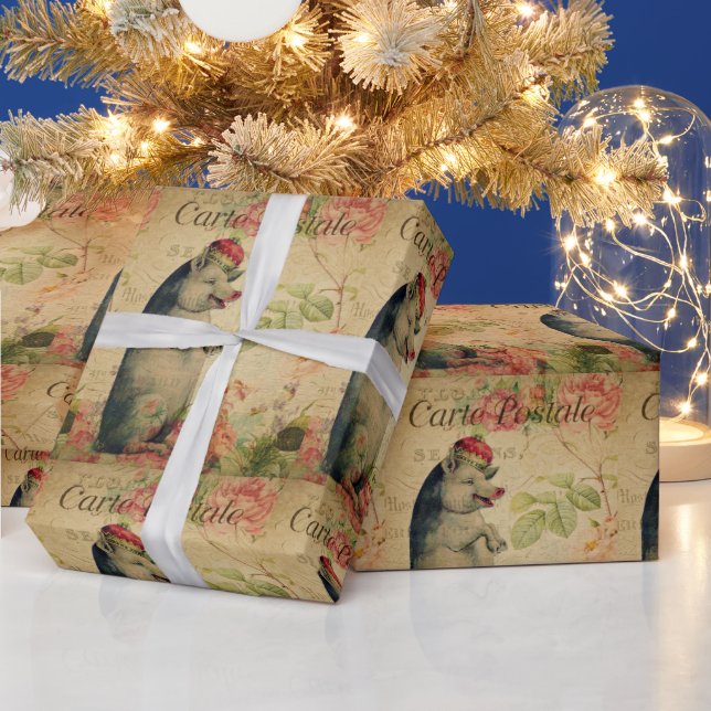 Vintages französisches Postkartenschwein mit Krone Geschenkpapier (Feiertage)