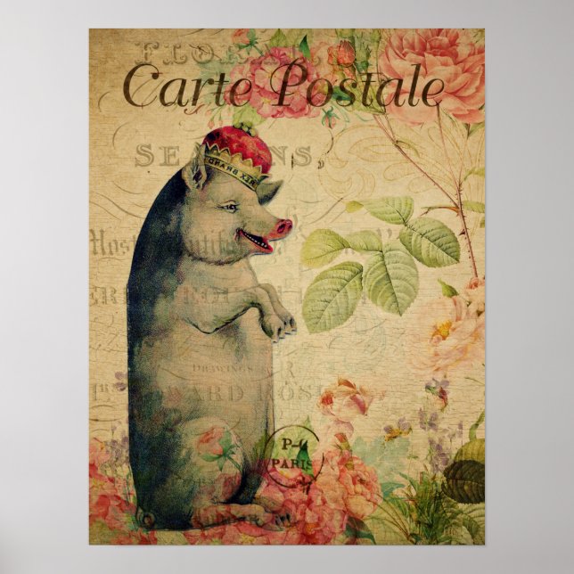 Vintages französisches Postkartenschwein mit Krone Poster (Vorne)