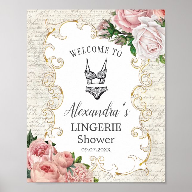 Vintages französisches Rosa Roses Lingerie Dusche  Poster (Vorne)