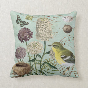 Vintages französisches Vogel- und Naturkissen Kissen