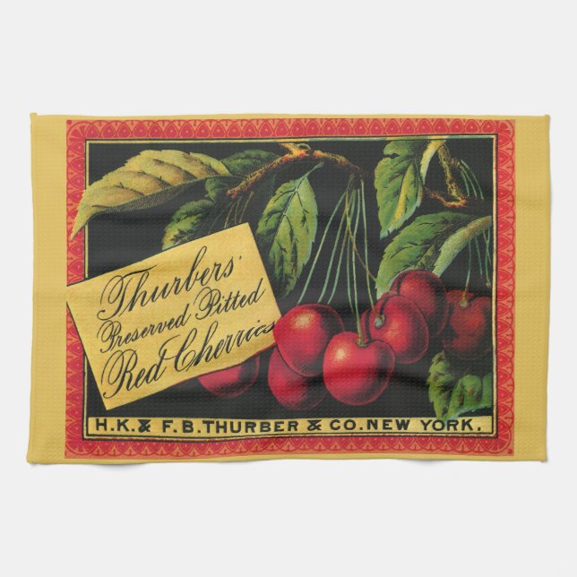Vintages Fruchtkorb-Label Kunst, Baumkirschen Geschirrtuch (Horizontal)