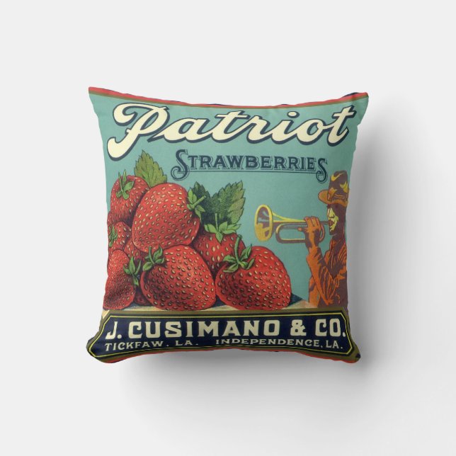 Vintages Fruchtkorb-Siegel Art Patriot Erdbeeren Kissen (Vorderseite)