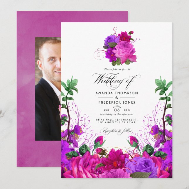 Vintages Fuchsien und Lila Foto zur Blumenhochzeit Einladung (Vorne/Hinten)