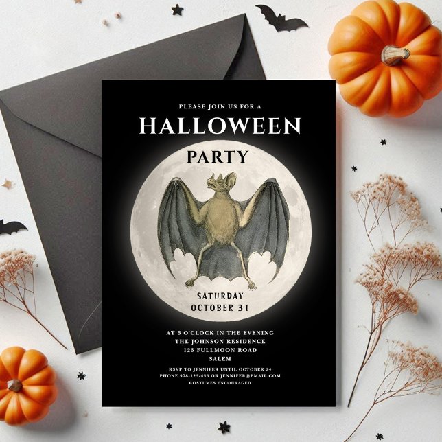 Vintages Full Moon Bat Halloween-Party Einladung (Vintage Full Moon Bat Halloween Party Invitation)