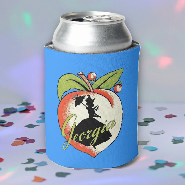 Vintages Georgia Peach Silhouette Südliche Glocke Dosenkühler (Southern belle lady in silhouette on Georgia peach on blue drink can cooler.)