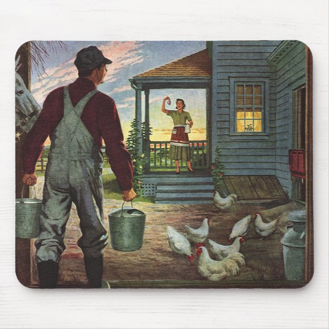 Vintages Geschäft, Bauernhof mit Bauer und Hühner Mousepad (Vorne)