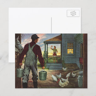 Vintages Geschäft, Bauernhof mit Bauer und Hühner Postkarte