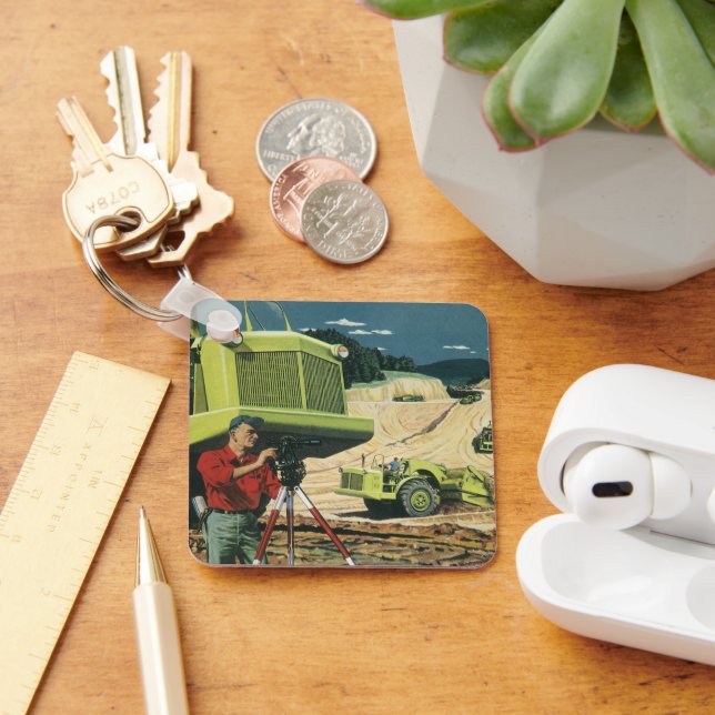 Vintages Geschäft, Baustelle mit Umfrage Schlüsselanhänger (Schreibtisch)