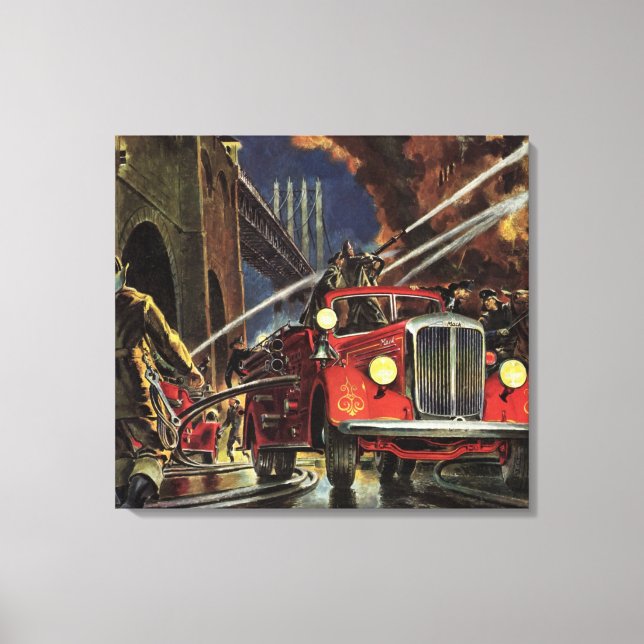 Vintages Geschäft, Feuerwehrmänner Feuerwehrfahrze Leinwanddruck (Vorderseite)