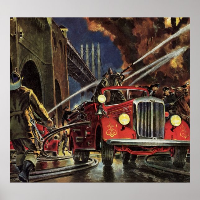 Vintages Geschäft, Feuerwehrmänner Feuerwehrfahrze Poster (Vorne)