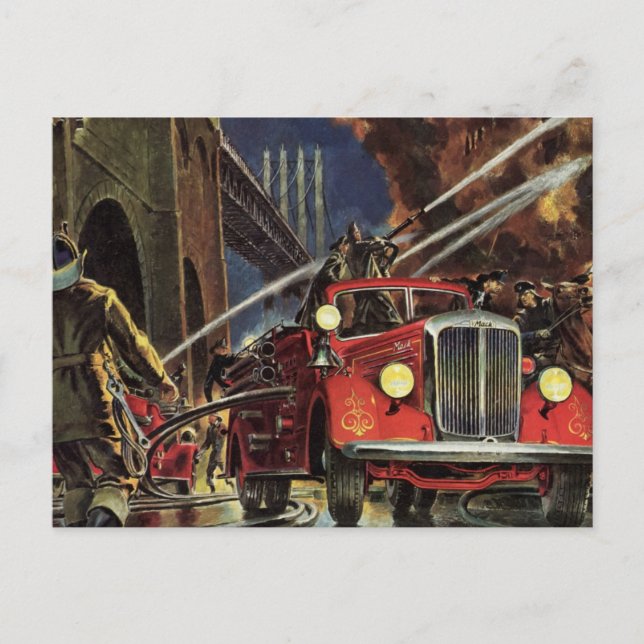 Vintages Geschäft, Feuerwehrmänner Feuerwehrfahrze Postkarte (Vorderseite)