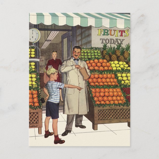 Vintages Geschäft, Obststand mit Grocer und Junge Postkarte (Vorderseite)