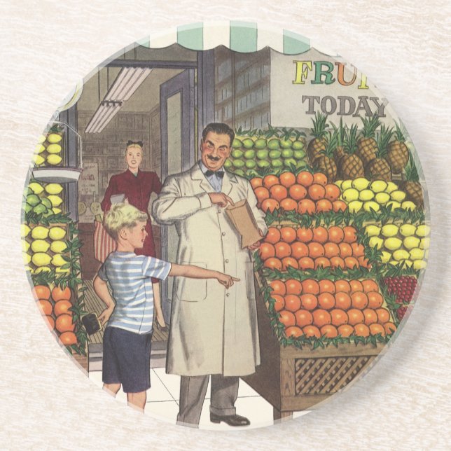 Vintages Geschäft, Obststand mit Grocer und Junge Untersetzer (Vorne)