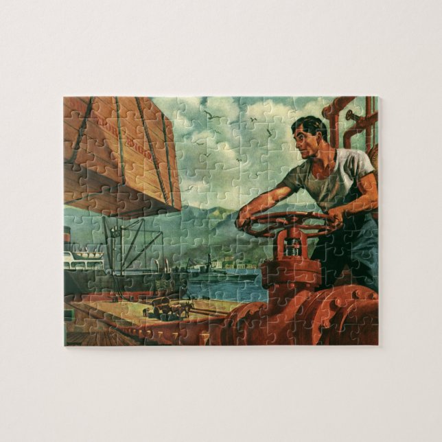 Vintages Geschäft, Öltankschiff mit Hafenarbeiter (Horizontal)
