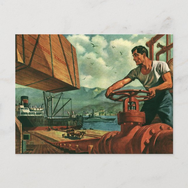 Vintages Geschäft, Öltankschiff mit Hafenarbeiter Postkarte (Vorderseite)