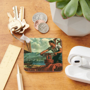 Vintages Geschäft, Öltankschiff mit Hafenarbeiter Schlüsselanhänger