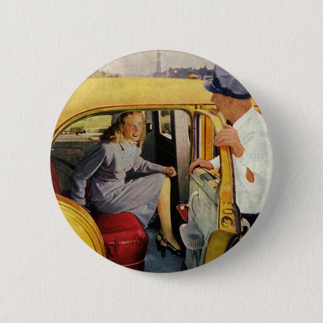 Vintages Geschäft, Taxifahrerin Frau Fluggast Button (Vorderseite)